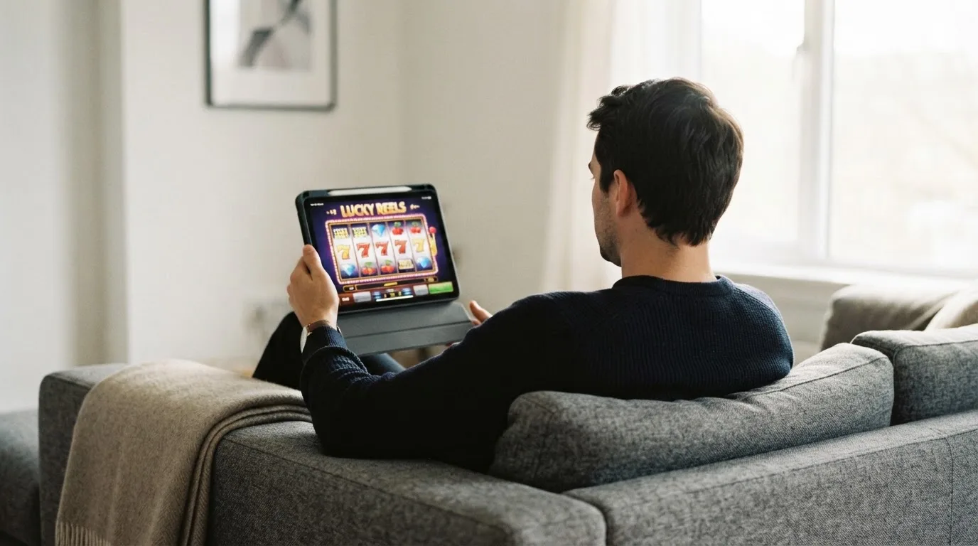 Een man zit ontspannen op de bank met een tablet in zijn handen, terwijl er zacht licht door het raam schijnt.