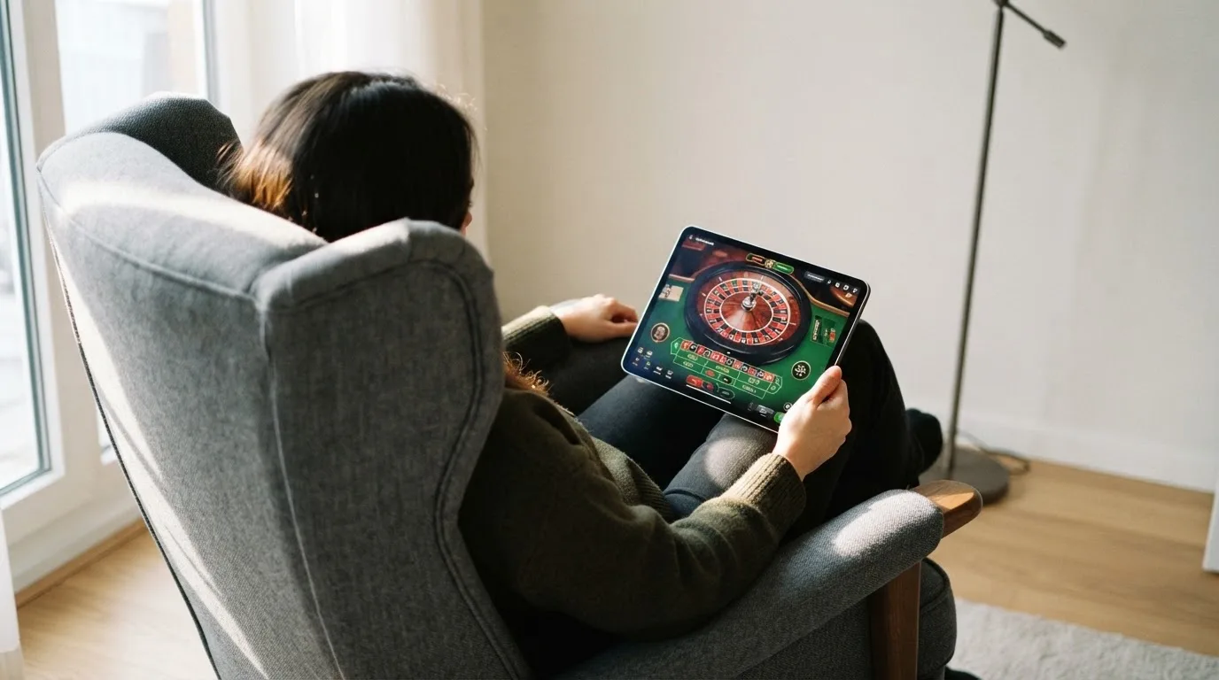 Een persoon bladert rustig door een tablet terwijl ze in een fauteuil zit bij daglicht.