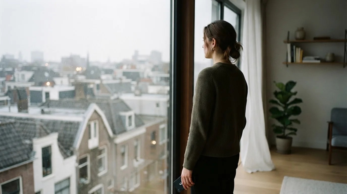 Een jonge vrouw kijkt nadenkend uit het raam met een smartphone losjes in haar hand.