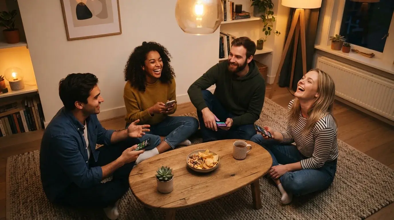 Een groep vrienden zit rond een salontafel met smartphones, lachend in gesprek tijdens een avond thuis.