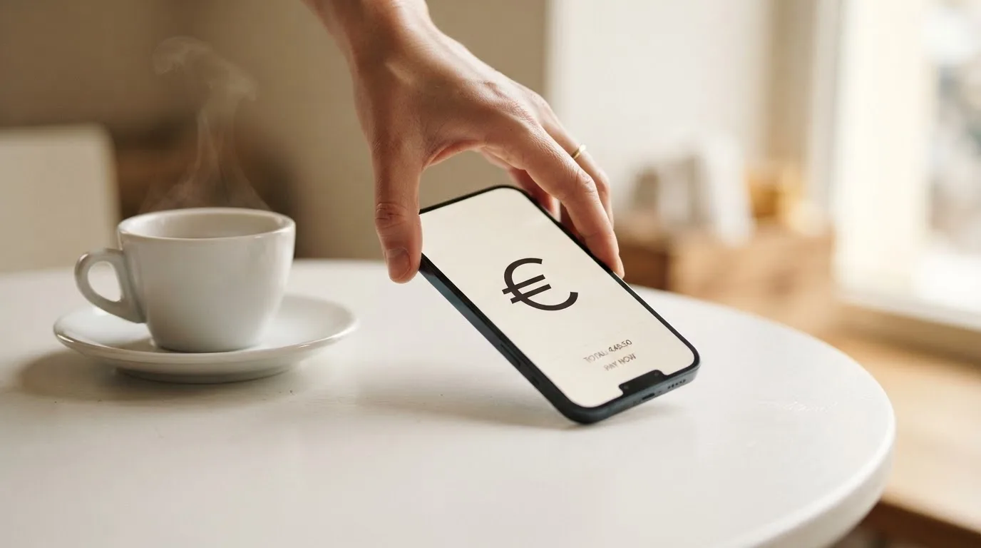Close-up van een hand die een smartphone vasthoudt boven een tafel met een kop thee ernaast.
