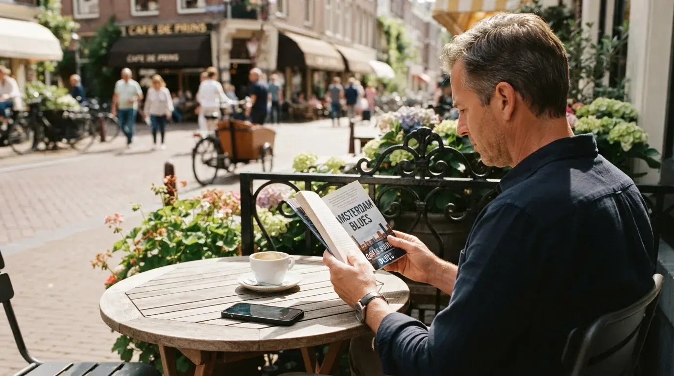 Een man zit rustig te lezen op een terras met een kopje koffie naast een smartphone op tafel.