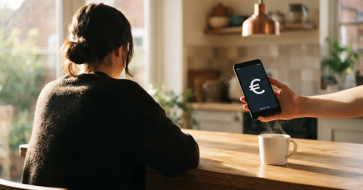 Een persoon houdt een smartphone vast terwijl ze aan een keukentafel zit met een kop koffie ernaast.
